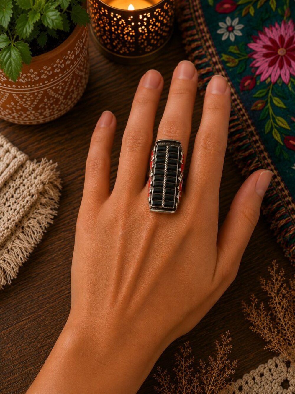 Sterling Silver Inlay Ring with Red Accents